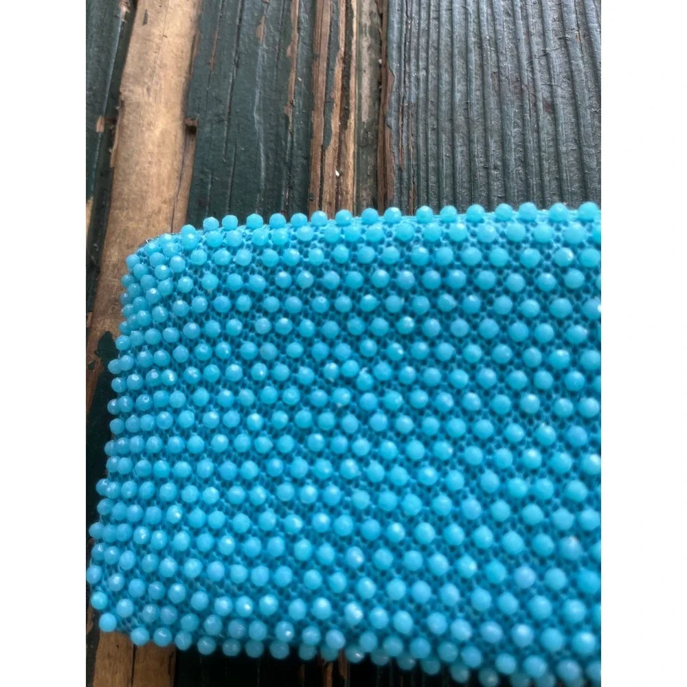Vintage Turquoise Blue Beaded Zipper Pouch Set Coin‎ Purse Makeup Bag 2pc